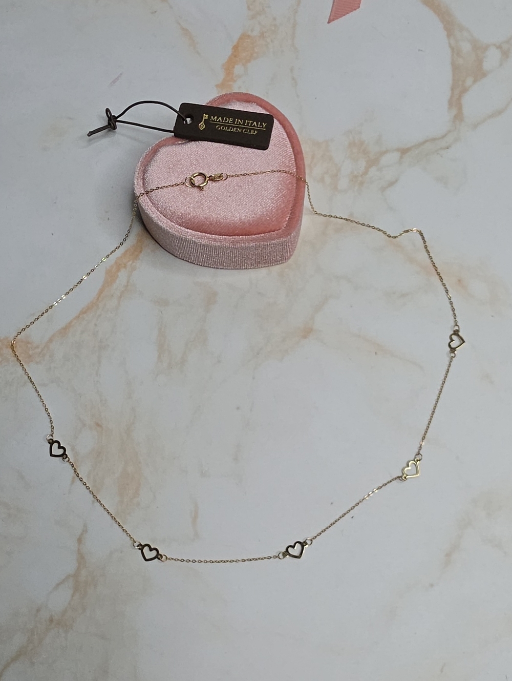 14k Solid Gold 18" 5 Hearts Necklace. Made In Italy